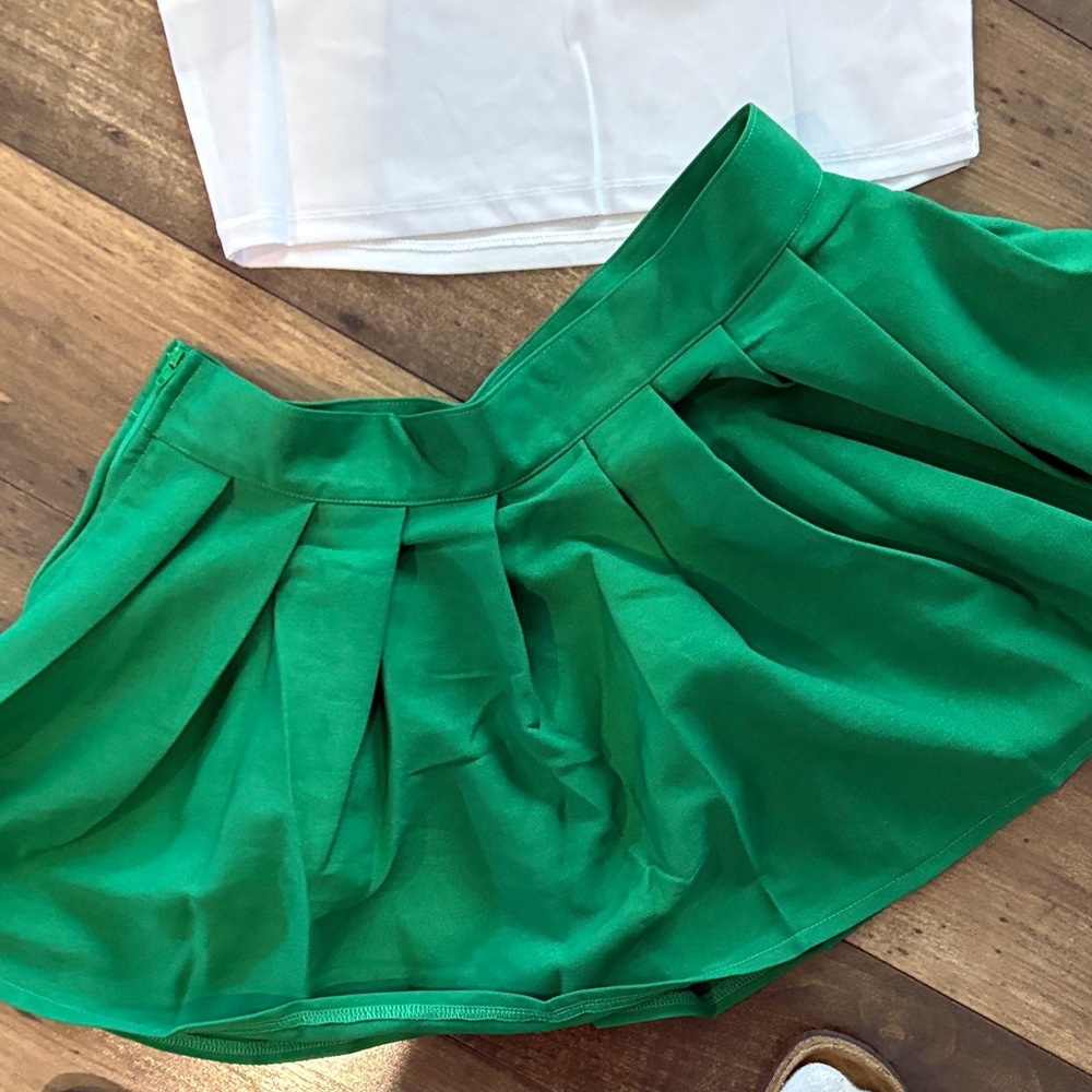 Dolls Kill Green Pleated Mini Skirt Set with White 'TROOP 666' Top - Picture 8 of 9